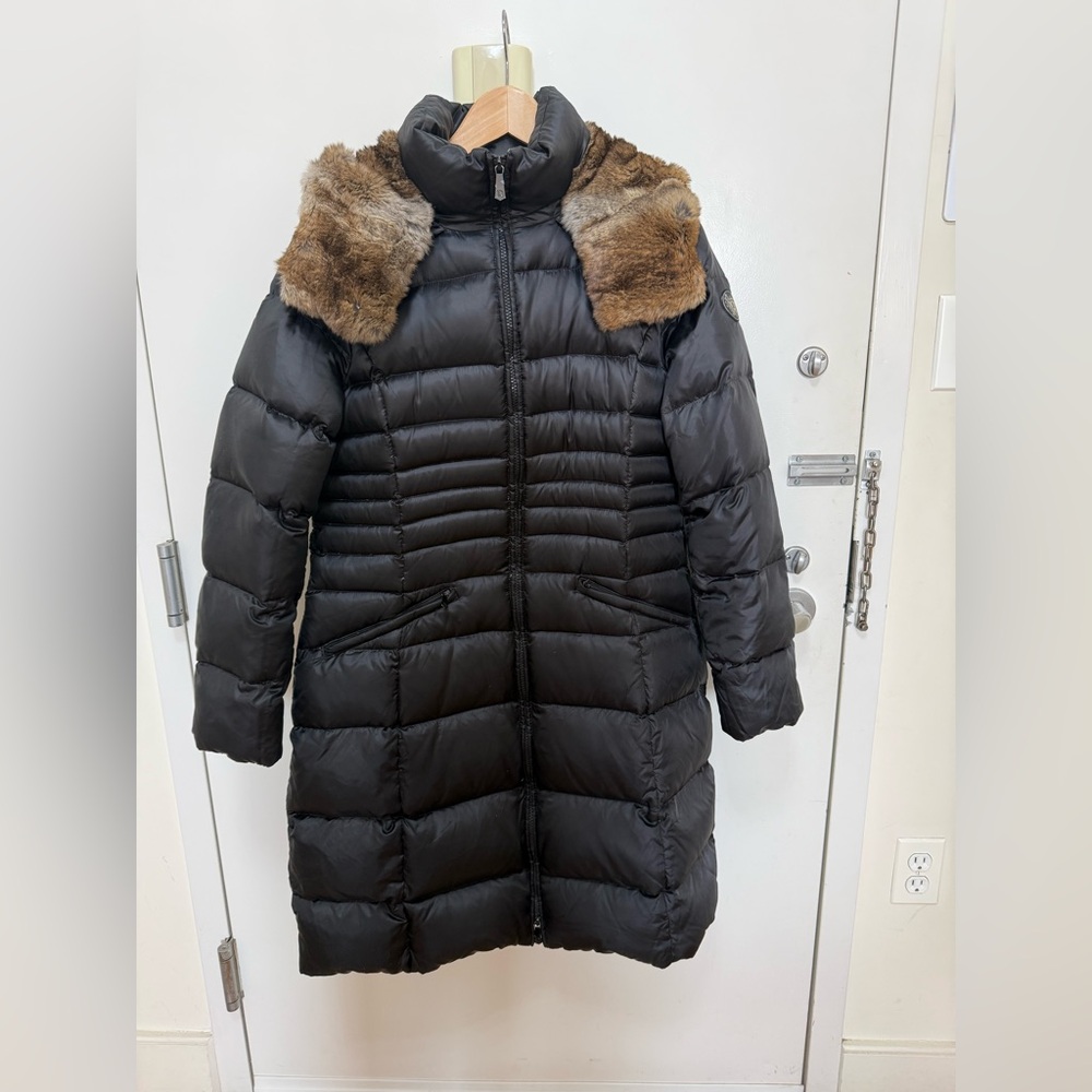 DL2 by Dawn Levy Black Puffer Coat with nature Brown Faux Fur size M